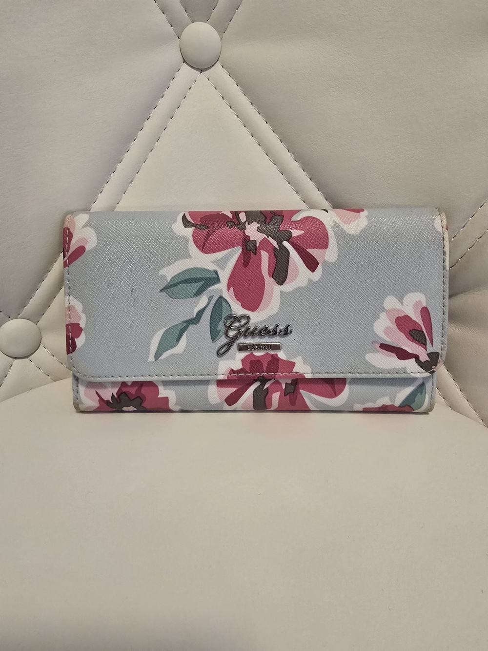 GUESS Floral Trifold Wallet in Light Blue and Pink